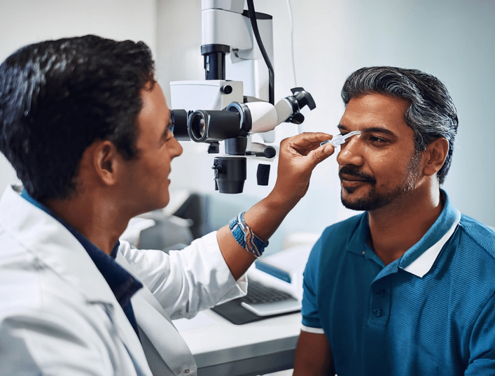 Doctor examining a patient's eyes at a modern Indian eye hospital