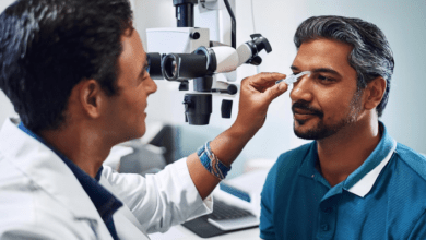 Doctor examining a patient's eyes at a modern Indian eye hospital