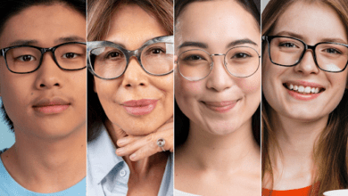 Collage of diverse face shapes with varied hairstyles, illustrating how different eyeglass styles suit oval, round, square, heart, and diamond faces.