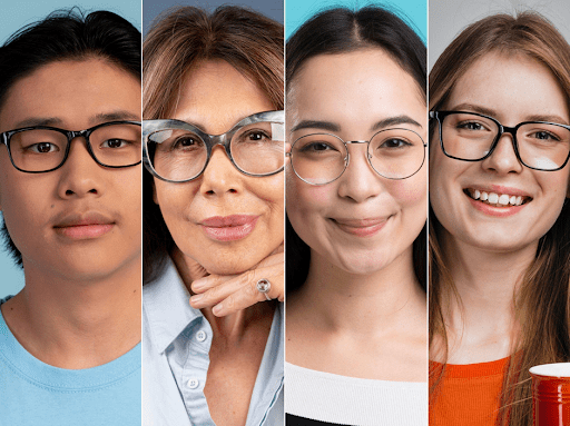Collage of diverse face shapes with varied hairstyles, illustrating how different eyeglass styles suit oval, round, square, heart, and diamond faces.