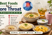 Best foods for a sore throat with soup, yogurt, tea, smoothie, and oatmeal.