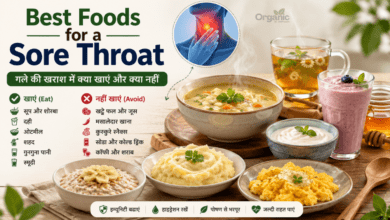Best foods for a sore throat with soup, yogurt, tea, smoothie, and oatmeal.