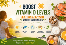 Woman sitting in morning sunlight with vitamin D rich foods like salmon, eggs, mushrooms, milk, and orange juice representing natural ways to boost vitamin D levels.