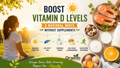 Woman sitting in morning sunlight with vitamin D rich foods like salmon, eggs, mushrooms, milk, and orange juice representing natural ways to boost vitamin D levels.