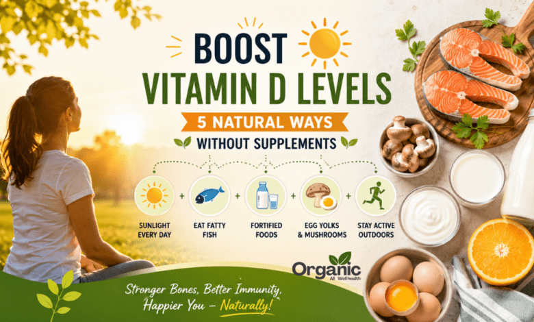 Woman sitting in morning sunlight with vitamin D rich foods like salmon, eggs, mushrooms, milk, and orange juice representing natural ways to boost vitamin D levels.