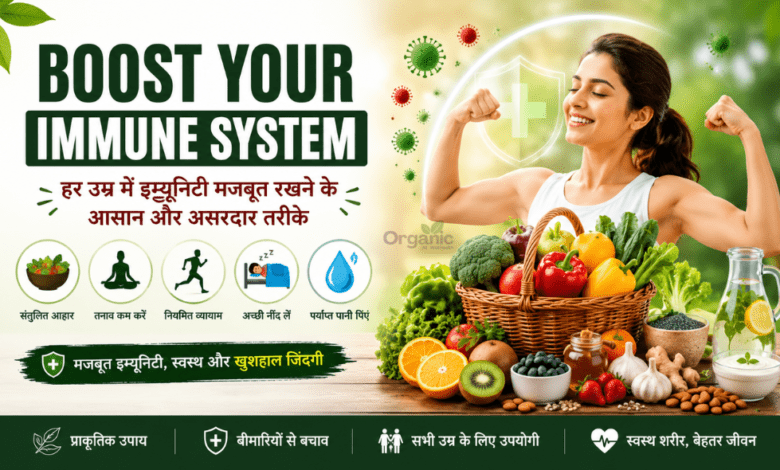 Boost Your Immune System पर आधारित हेल्थ ब्लॉग फीचर इमेज जिसमें हेल्दी फूड, एक्सरसाइज, योग, अच्छी नींद और इम्यूनिटी बढ़ाने के प्राकृतिक तरीके दिखाए गए हैं।