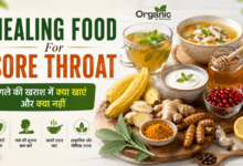 Healing foods for sore throat including honey, ginger, turmeric, banana, soup and herbal tea.