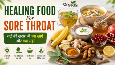Healing foods for sore throat including honey, ginger, turmeric, banana, soup and herbal tea.