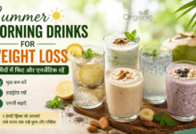 Summer morning drinks for weight loss featuring chia lemon water, buttermilk, coconut water, banana smoothie and oats curd drink
