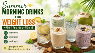Summer morning drinks for weight loss featuring chia lemon water, buttermilk, coconut water, banana smoothie and oats curd drink