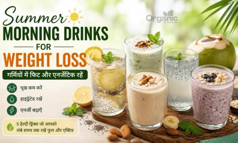 Summer morning drinks for weight loss featuring chia lemon water, buttermilk, coconut water, banana smoothie and oats curd drink