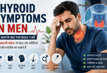 Thyroid Symptoms in Men - Man showing thyroid symptoms with fatigue and stress signs in a male thyroid health awareness banner.