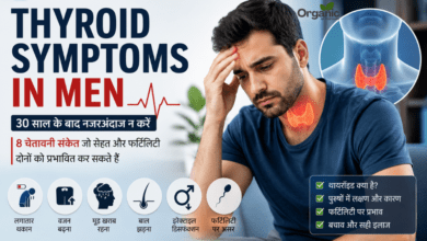 Thyroid Symptoms in Men - Man showing thyroid symptoms with fatigue and stress signs in a male thyroid health awareness banner.