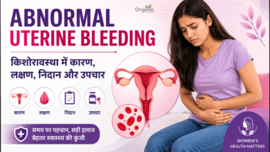 Abnormal Uterine Bleeding (AUB) in adolescents showing menstrual pain, uterus illustration, and key health information.