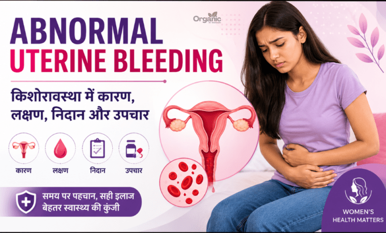 Abnormal Uterine Bleeding (AUB) in adolescents showing menstrual pain, uterus illustration, and key health information.