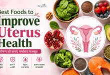 Best Foods to Improve Uterus Health with spinach, salmon, berries, nuts, seeds and a uterus illustration.