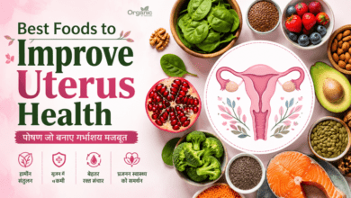 Best Foods to Improve Uterus Health with spinach, salmon, berries, nuts, seeds and a uterus illustration.