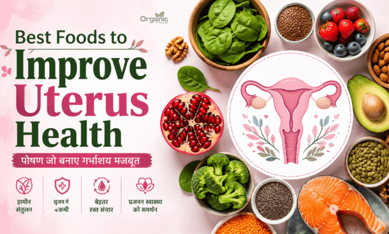 Best Foods to Improve Uterus Health with spinach, salmon, berries, nuts, seeds and a uterus illustration.