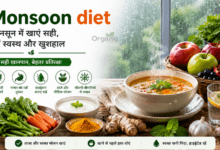 Healthy Monsoon diet with soup, fruits, spices, and probiotic foods.