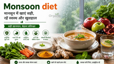 Healthy Monsoon diet with soup, fruits, spices, and probiotic foods.
