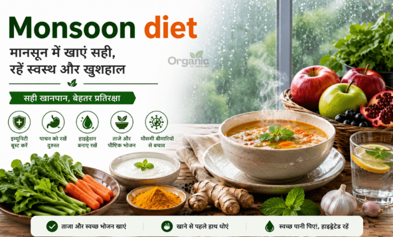 Healthy Monsoon diet with soup, fruits, spices, and probiotic foods.