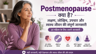 Postmenopause के लक्षण, स्वास्थ्य जोखिम और देखभाल से जुड़ी जानकारी दर्शाती महिला स्वास्थ्य फीचर इमेज।