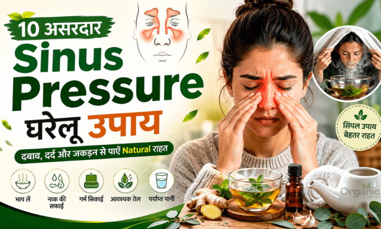 व्यक्ति Sinus Pressure से परेशान होकर माथे और नाक के आसपास दर्द महसूस कर रहा है, साथ में साइनस राहत के लिए भाप और प्राकृतिक घरेलू उपचार दर्शाए गए हैं।