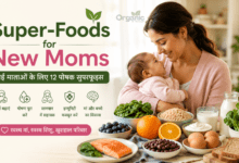 Super-Foods for New Moms - Mother with baby and nutrient-rich foods including salmon, eggs, oranges, leafy greens and dairy for postpartum nutrition.
