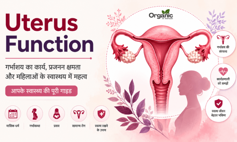 Uterus Function infographic showing uterus anatomy, fertility, pregnancy, and women's health.