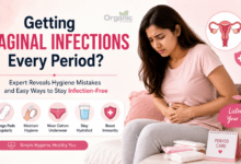 Woman experiencing period discomfort with tips to prevent vaginal infections.