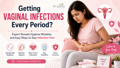 Woman experiencing period discomfort with tips to prevent vaginal infections.
