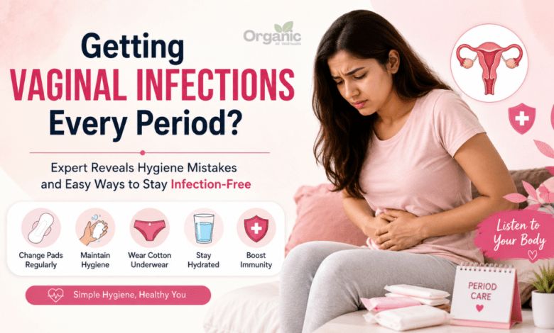 Woman experiencing period discomfort with tips to prevent vaginal infections.