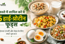 High-protein foods for breakfast including eggs, Greek yogurt, paneer, sprouts, and oats with nuts arranged on a wooden table