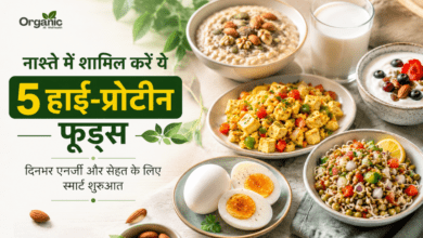 High-protein foods for breakfast including eggs, Greek yogurt, paneer, sprouts, and oats with nuts arranged on a wooden table