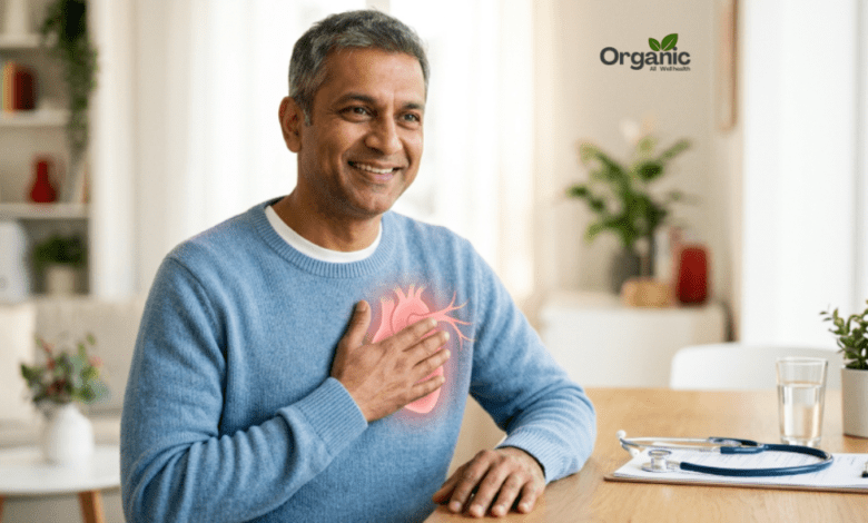 Man experiencing chest discomfort, a possible sign of high blood cholesterol