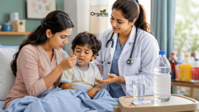 Child vomiting repeatedly: Mother giving ORS to a child with repeated vomiting while a pediatric doctor explains hydration