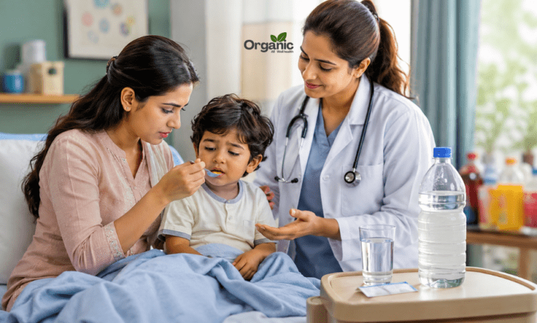 Child vomiting repeatedly: Mother giving ORS to a child with repeated vomiting while a pediatric doctor explains hydration