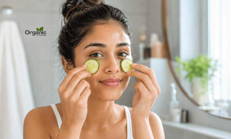 महिला Dark Circles कम करने के लिए आंखों के नीचे ठंडी खीरे की स्लाइस लगाते हुए