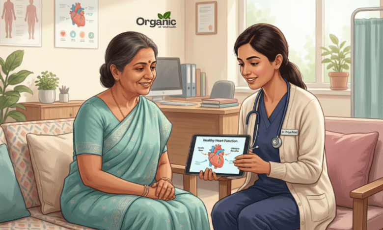 Doctor discussing postmenopausal bleeding causes and symptoms with a middle-aged woman patient