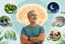 50 की उम्र के बाद human brain को स्वस्थ रखने के तरीके दिखाती इलस्ट्रेशन