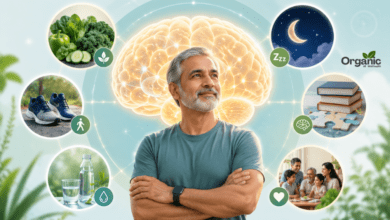 50 की उम्र के बाद human brain को स्वस्थ रखने के तरीके दिखाती इलस्ट्रेशन