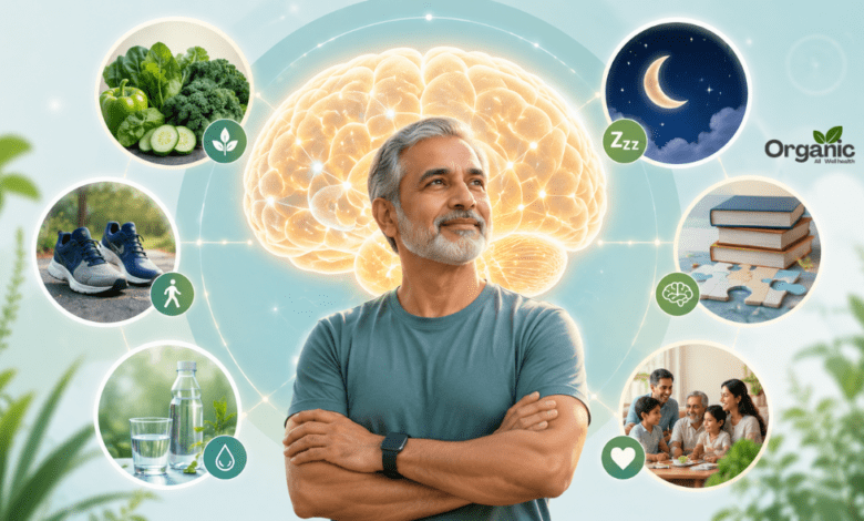 50 की उम्र के बाद human brain को स्वस्थ रखने के तरीके दिखाती इलस्ट्रेशन