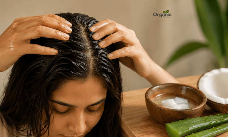 Itchy scalp के लिए घरेलू उपाय — नारियल तेल से स्कैल्प मसाज करती हुई महिला