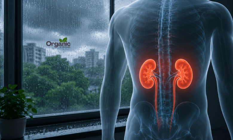 Monsoon infections affecting kidney health illustration showing rain and human kidneys