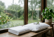 Monsoon hygiene tips — clean towel and pillowcase near a rainy window representing skin care during monsoon