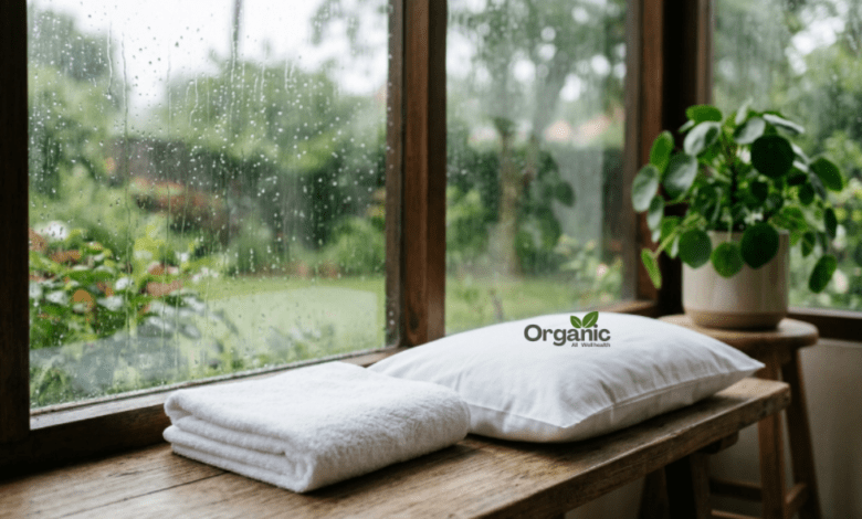 Monsoon hygiene tips — clean towel and pillowcase near a rainy window representing skin care during monsoon