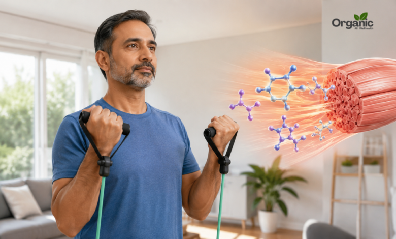 Poor muscle health और टाइप 2 डायबिटीज़ के खतरे को दर्शाती स्ट्रेंथ ट्रेनिंग करते व्यक्ति की तस्वीर