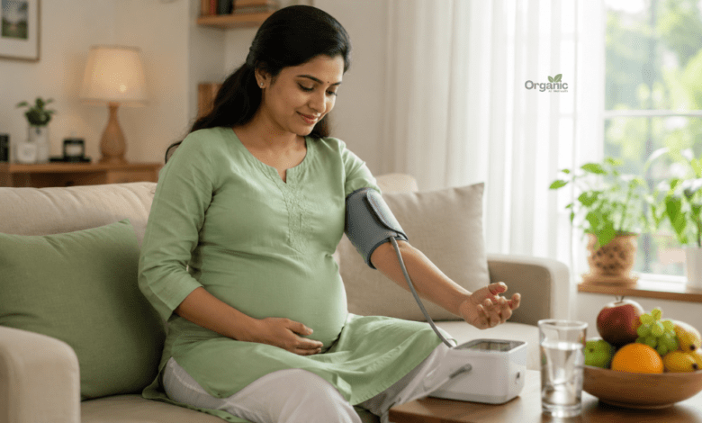 Preeclampsia Prevention के लिए घर पर ब्लड प्रेशर चेक करती गर्भवती महिला