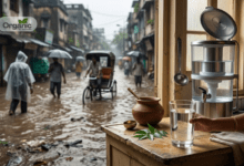 Waterborne diseases मानसून जागरूकता – बाढ़ वाली सड़क की पृष्ठभूमि में साफ फिल्टर किए गए पानी का गिलास, स्वच्छ जल और बचाव का प्रतीक