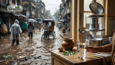 Waterborne diseases मानसून जागरूकता – बाढ़ वाली सड़क की पृष्ठभूमि में साफ फिल्टर किए गए पानी का गिलास, स्वच्छ जल और बचाव का प्रतीक